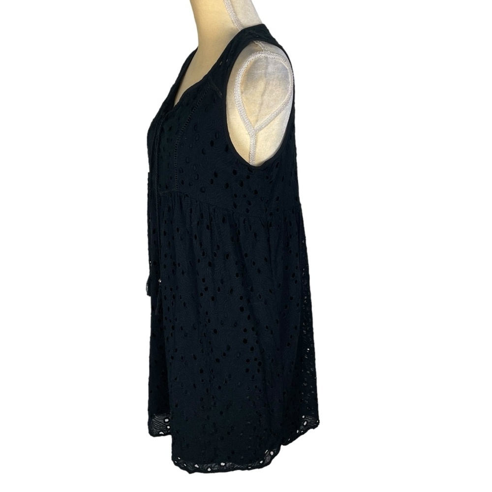 Knox Rose Bohemian Eyelet Dress Black Sleeveless Lace-Up Fringe Tassel Tunic L - Picture 3 of 9